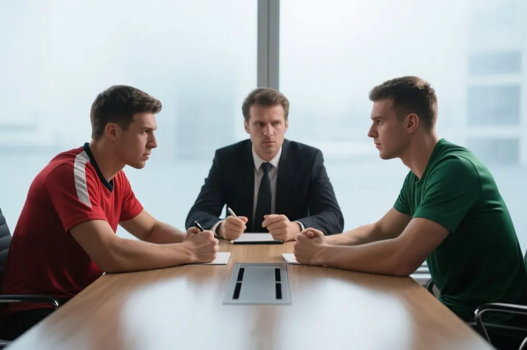 球员与经纪人在谈判桌前